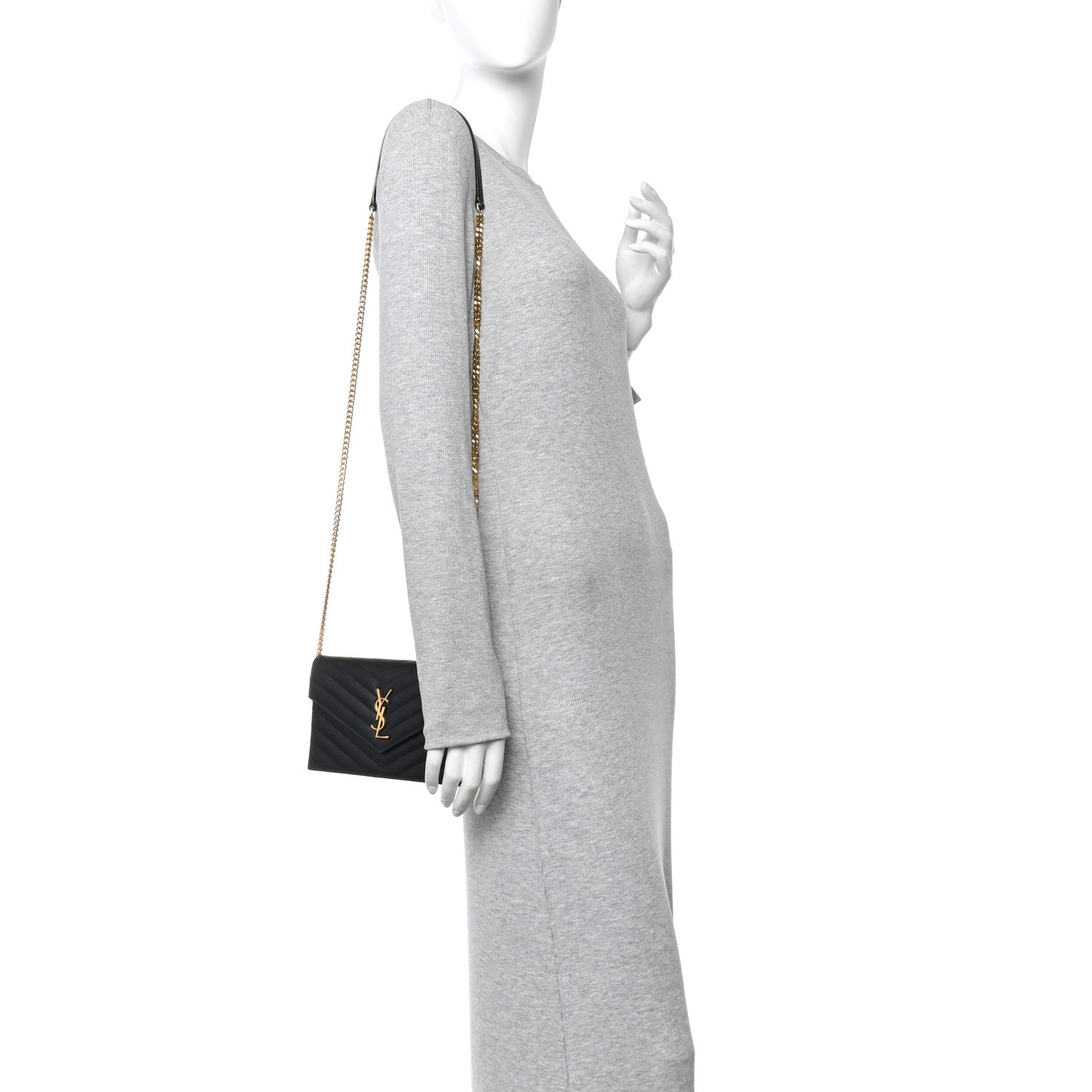 Saint Laurent Grain De Poudre Matelasse Chevron Monogram Envelope Chain Wallet Black 2 of 13