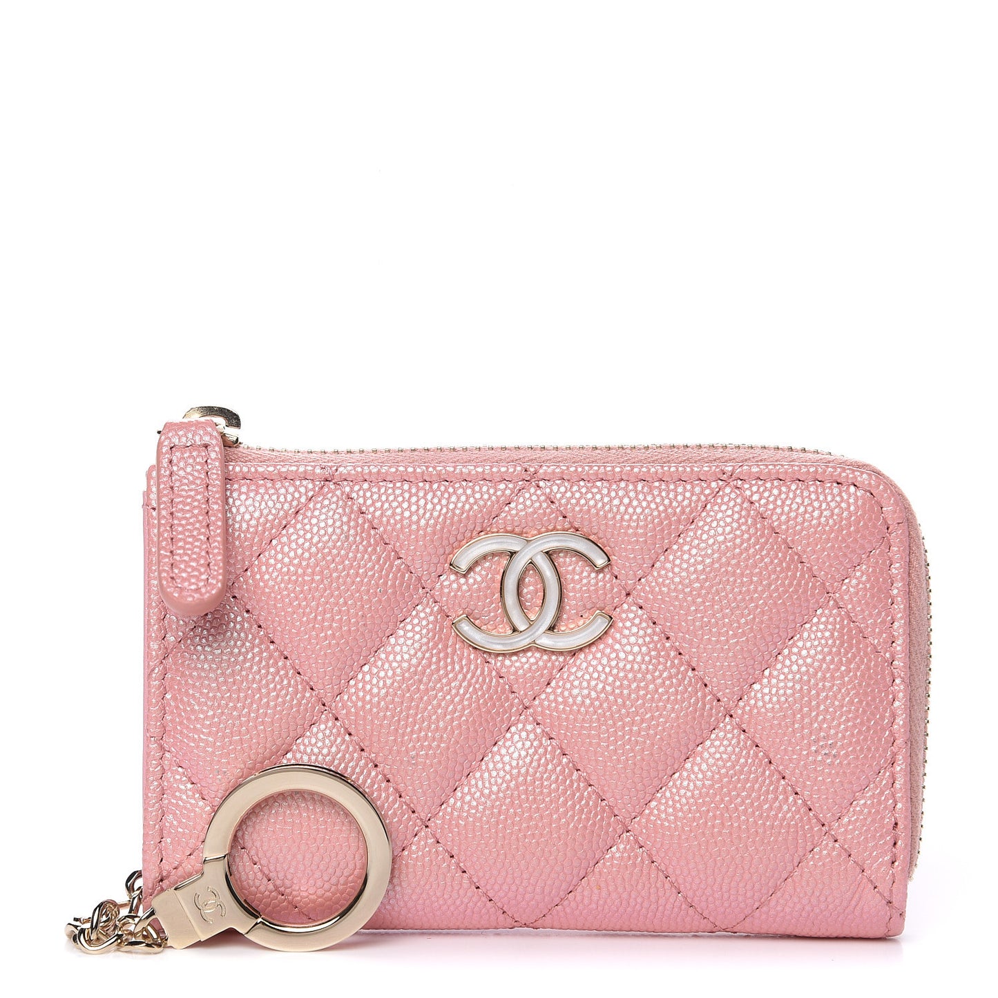 Iridescent Caviar Quilted Zipped Key Holder Case Rose Pink