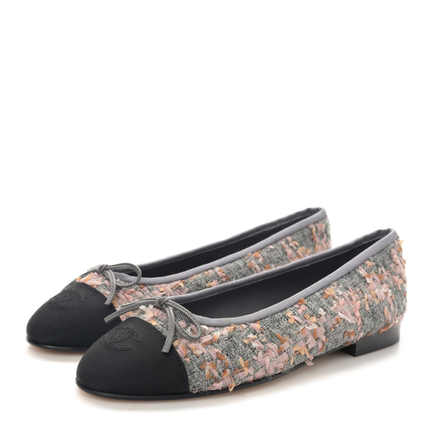 Tweed Grosgrain Cap Toe Ballerina Flats 38 Gray Pink Black