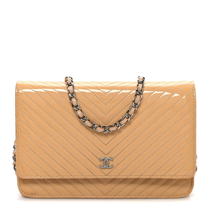 Chanel Patent Calfskin Chevron Quilted Wallet On Chain WOC Beige 1 of 12