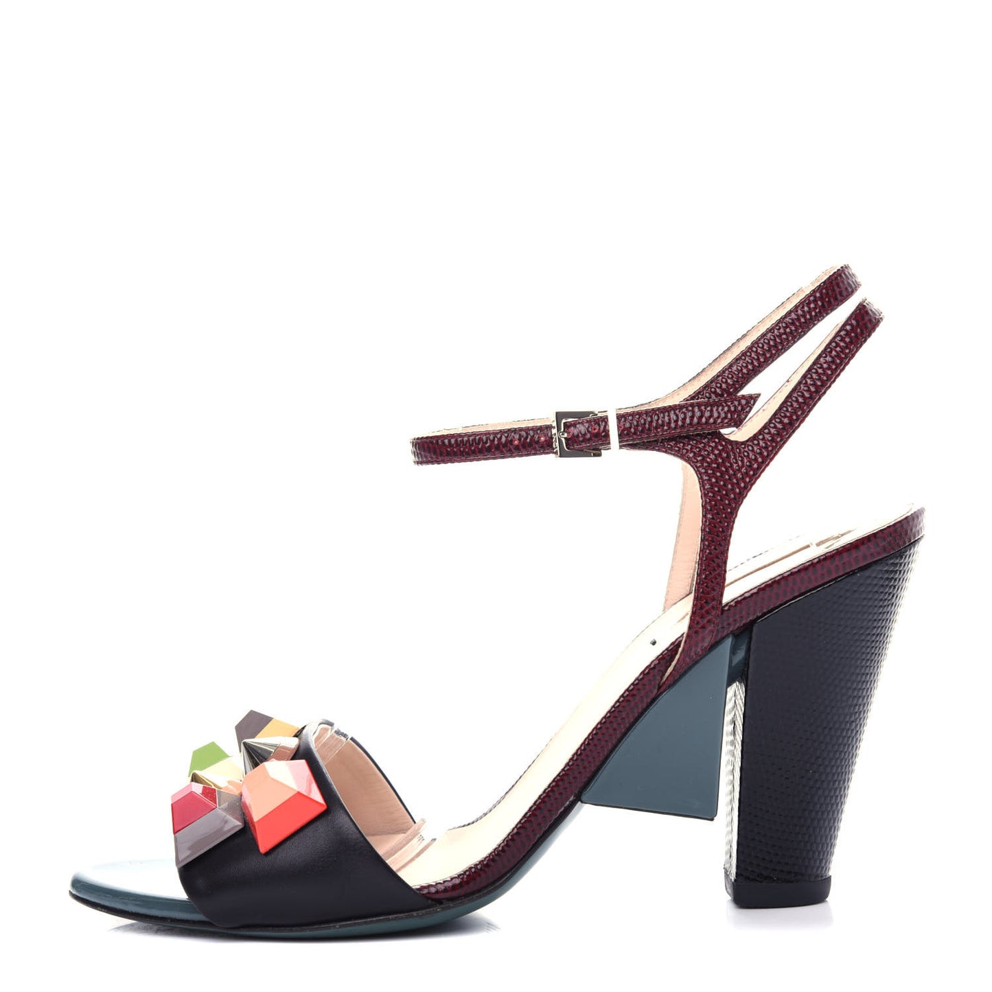 Calfskin Lizard Embossed Studded Colorblock Sandal 39 Multicolor