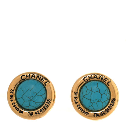 Chanel Metal Round Cambon Resin Clip On Earrings Gold Turquoise 2 of 8