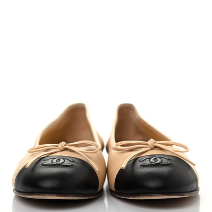 Chanel Lambskin Cap Toe CC Ballerina Flats 39 Beige Black 2 of 4