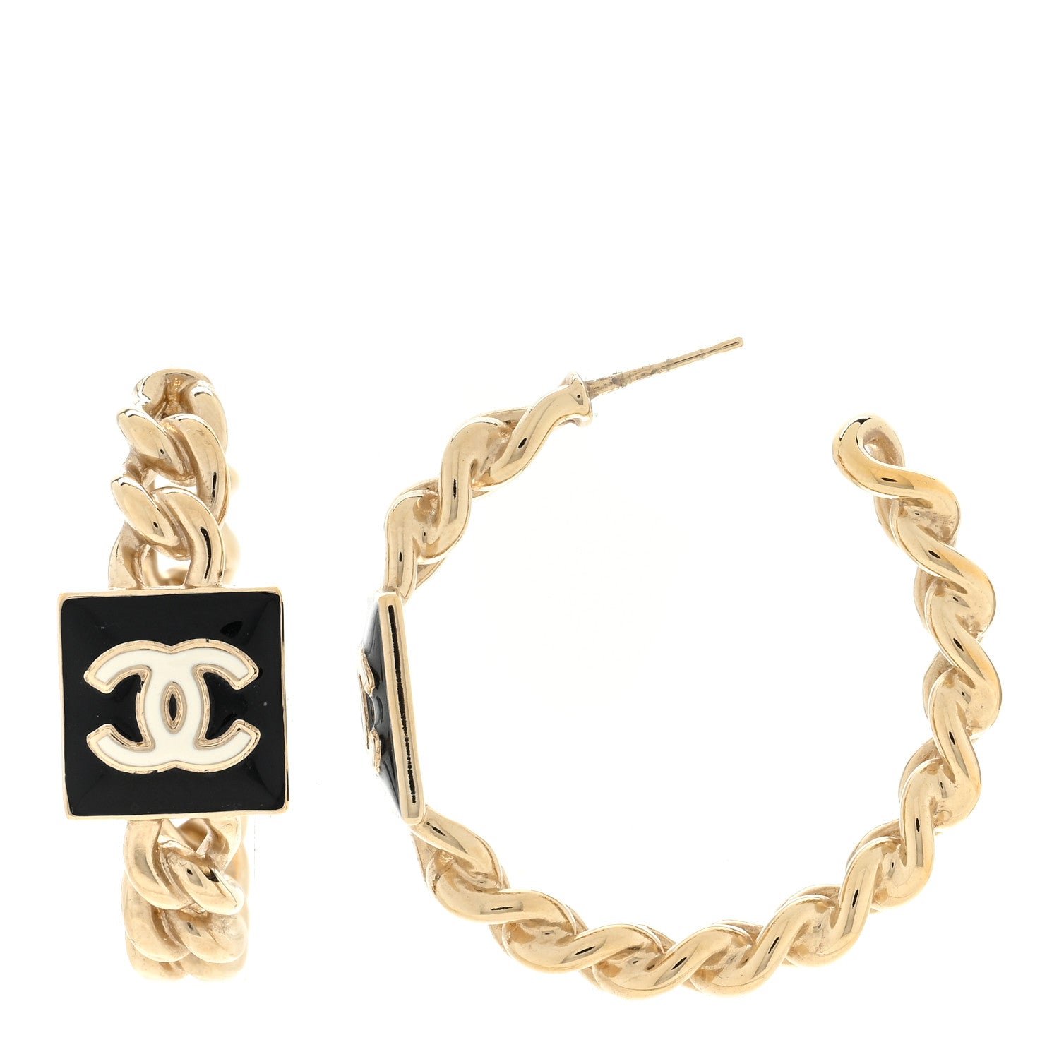 Chanel Metal Enamel CC Square Chain Hoop Earrings Gold Black 2 of 5