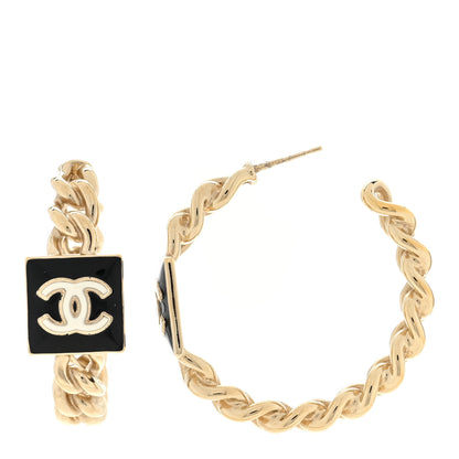 Chanel Metal Enamel CC Square Chain Hoop Earrings Gold Black 2 of 5