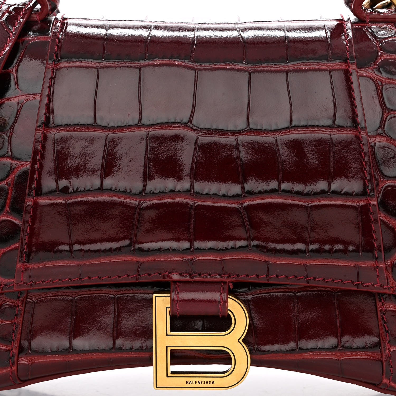 Balenciaga Shiny Calfskin Crocodile Embossed Small Hourglass Top Handle Bag Dark Red 9 of 12
