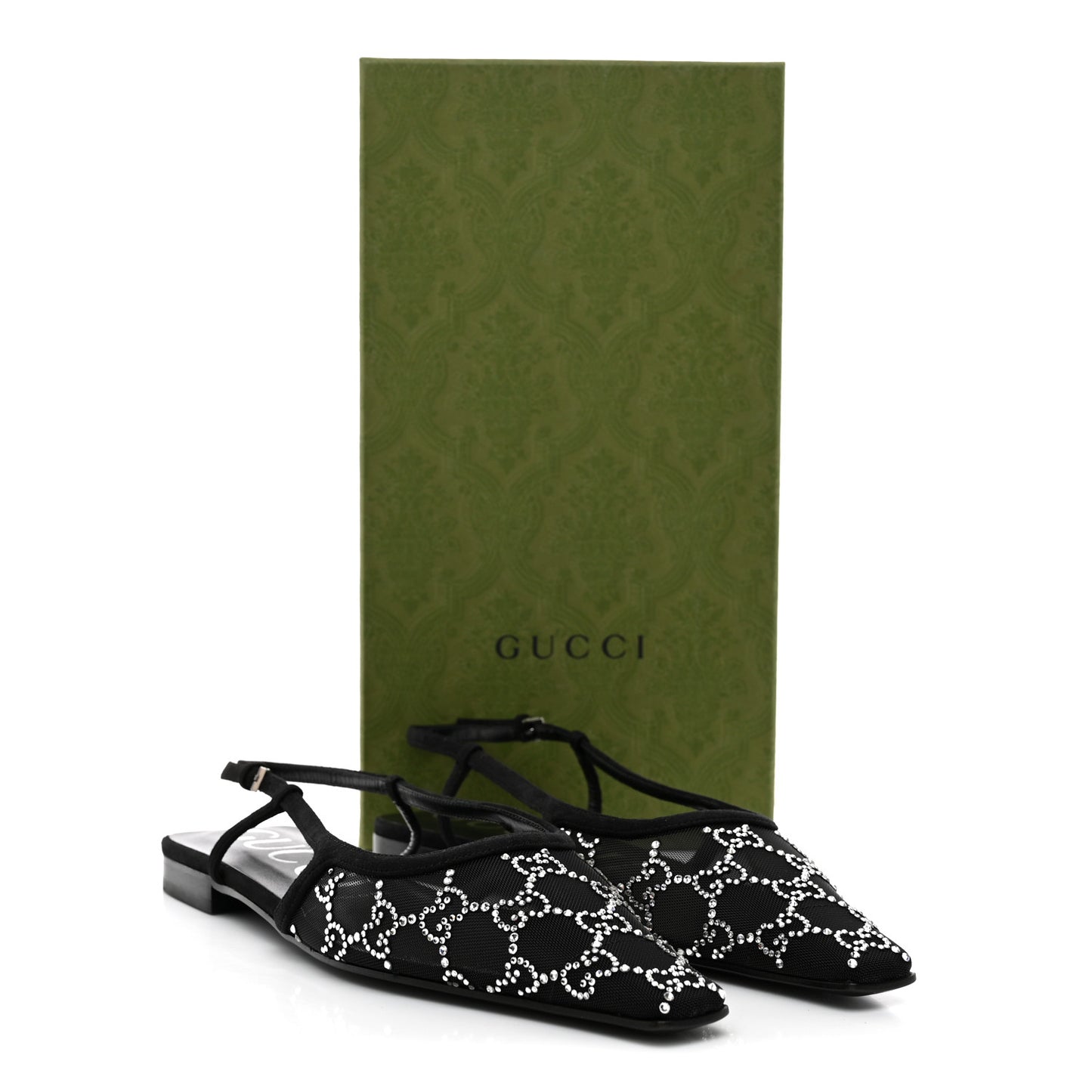 Tela Retino Kid Scamosciato Crystal GG Monogram Square Demi Ballet Flats  39.5 Black