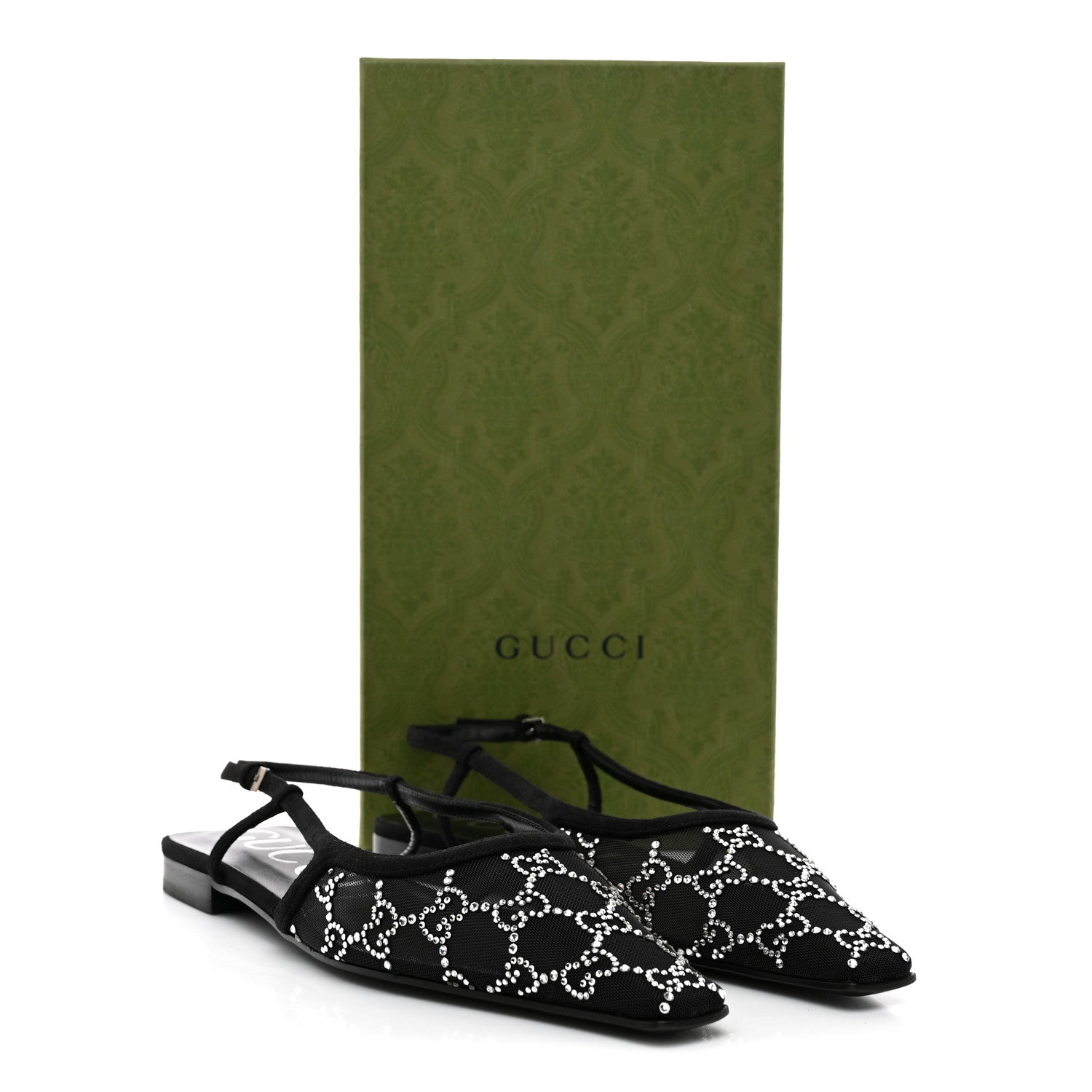 Gucci Tela Retino Kid Scamosciato Crystal GG Monogram Square Demi Ballet Flats  39.5 Black 12 of 12