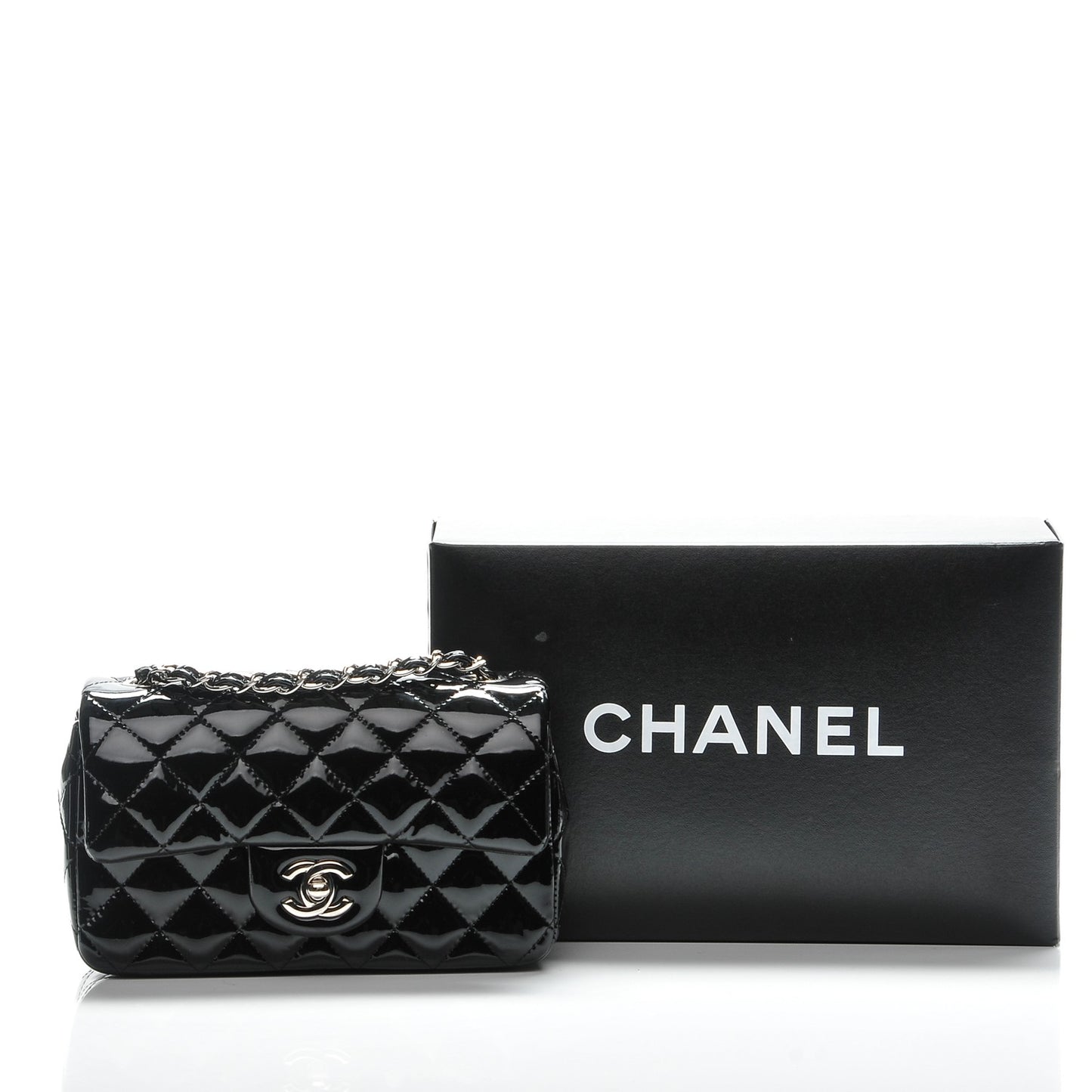 Patent Calfskin Quilted Mini Rectangular Flap Black