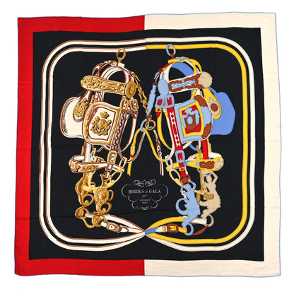 Hermes Silk Cashmere Brides De Gala Applique Pique Shawl 140 Rouge Black Bleu Ciel 1 of 3