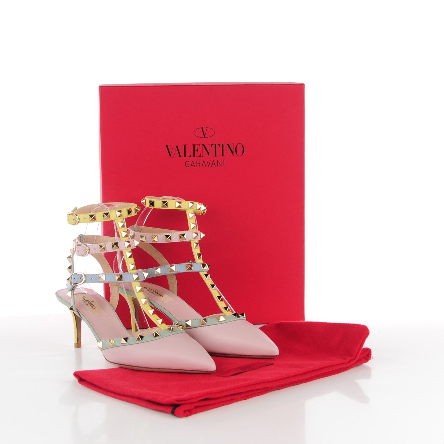 Valentino Garavani Nappa Watercolor Rockstud Ankle Strap 65mm Pumps 37.5 Rose Green Yellow Sky 5 of 8