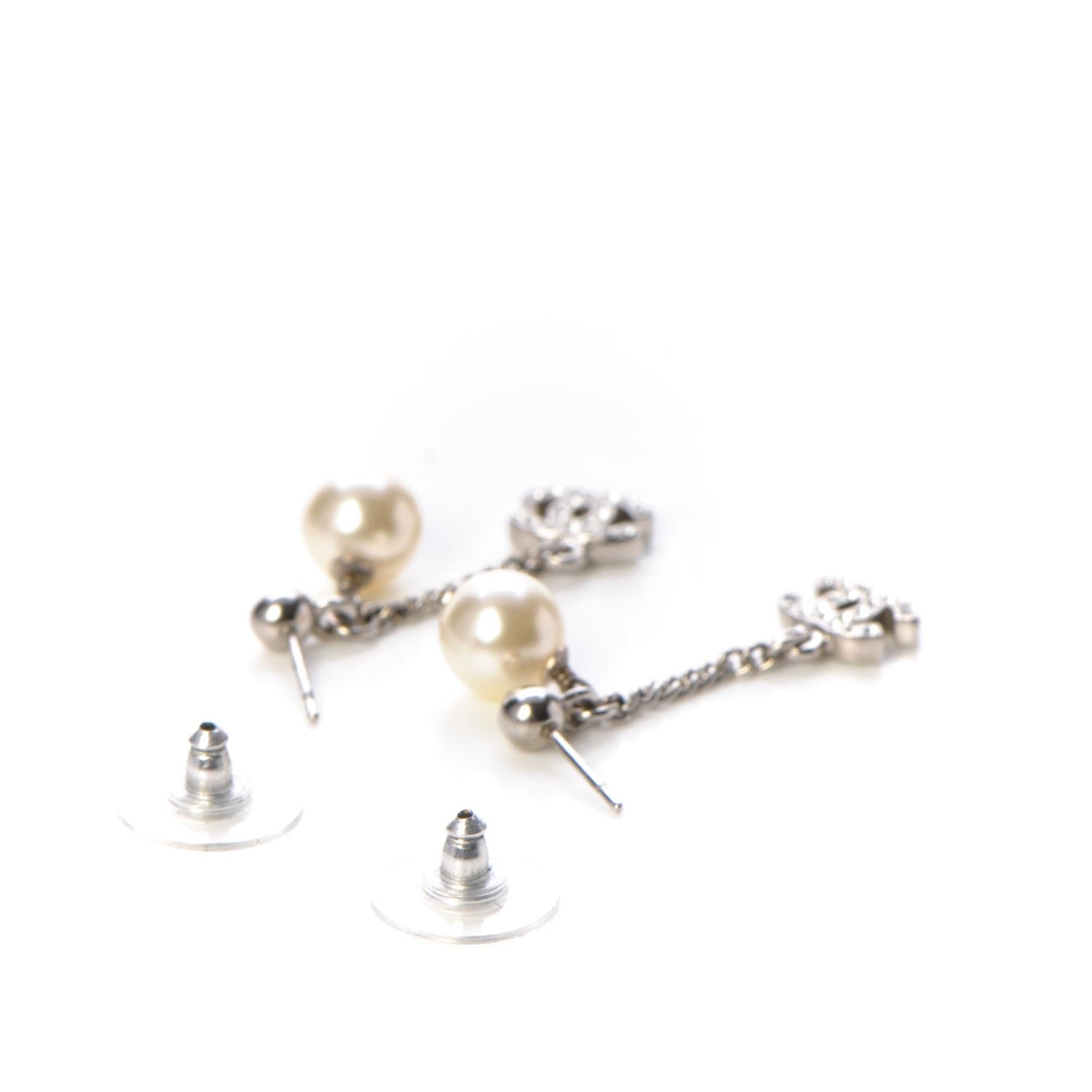 Chanel Crystal Pearl CC Drop Earrings Silver 3 of 4