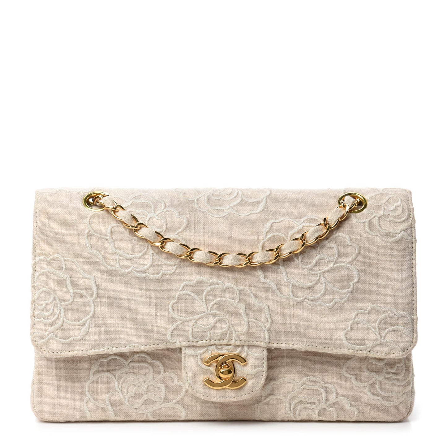 Canvas Camellia Embroidered Medium Double Flap Ivory