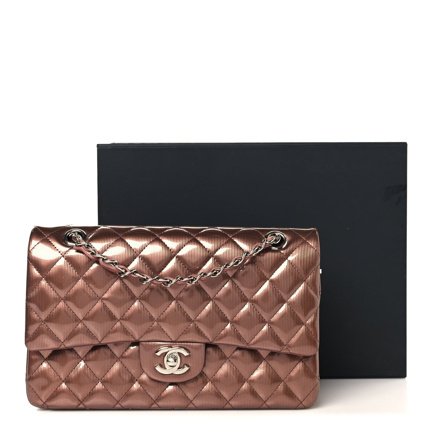 Striated Patent Quilted Medium Double Flap Bronze