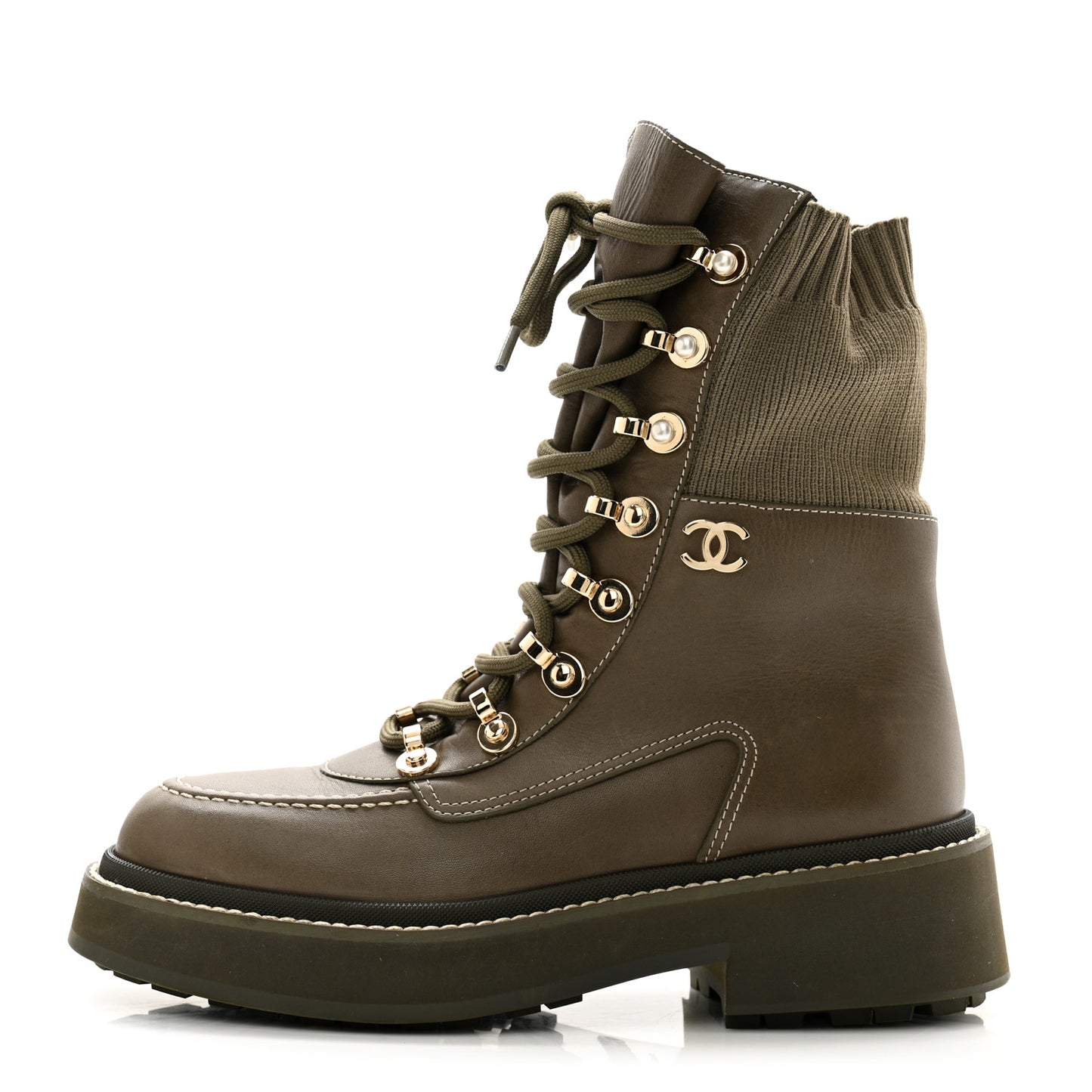 Calfskin Knit Lace Up Combat Boots 35 Green