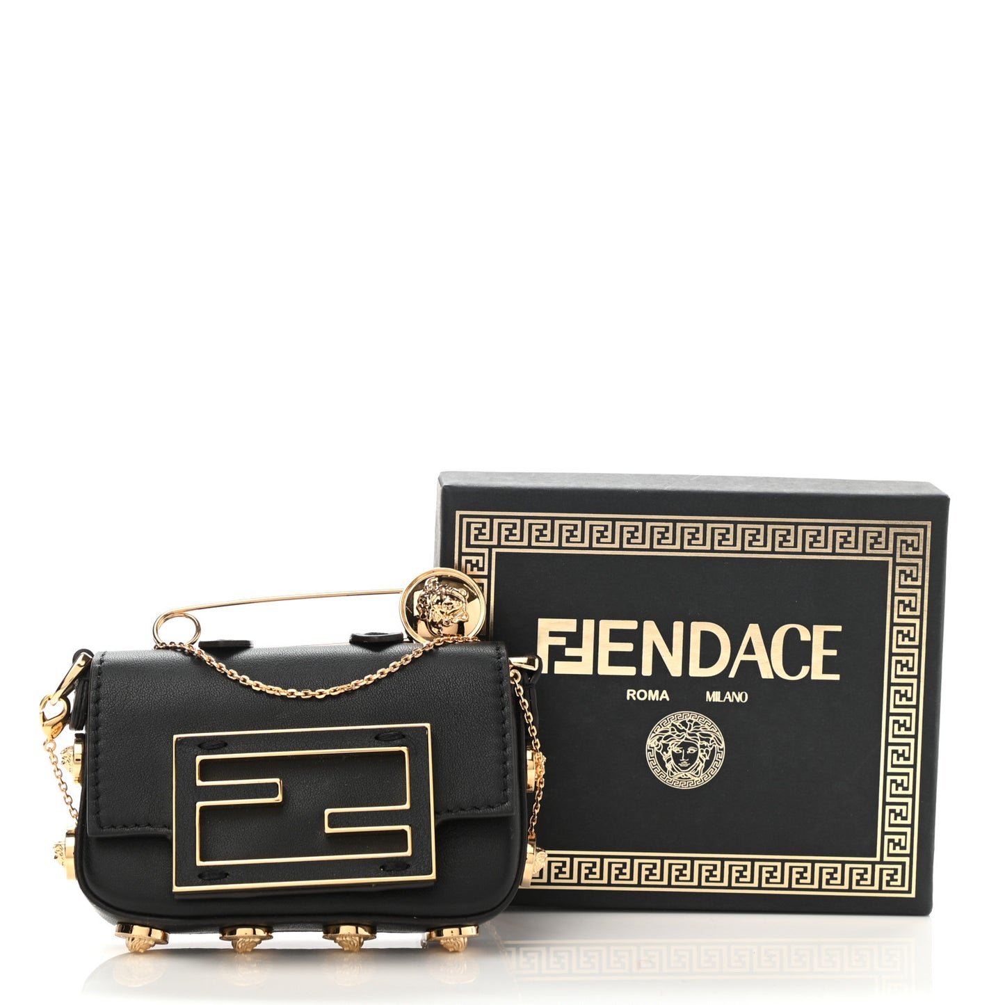 X VERSACE Vitello Seta Fendace Studded Nano Brooch Baguette Black