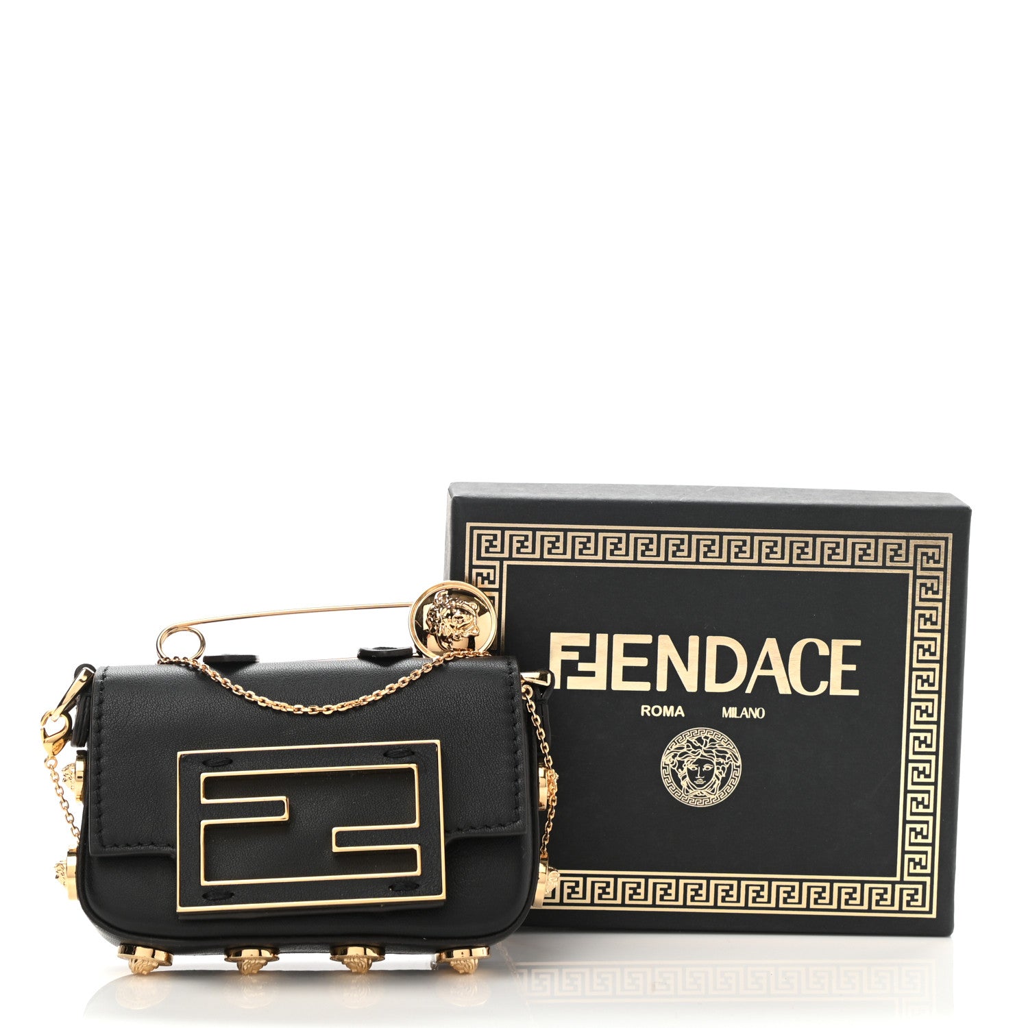 Fendi X VERSACE Vitello Seta Fendace Studded Nano Brooch Baguette Black 11 of 11