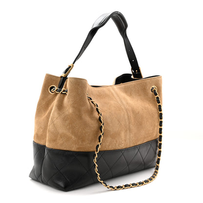 Chanel Suede Calfskin Shiny Lambskin Quilted Small Coco Base Shopping Bag Beige Black 3 of 10