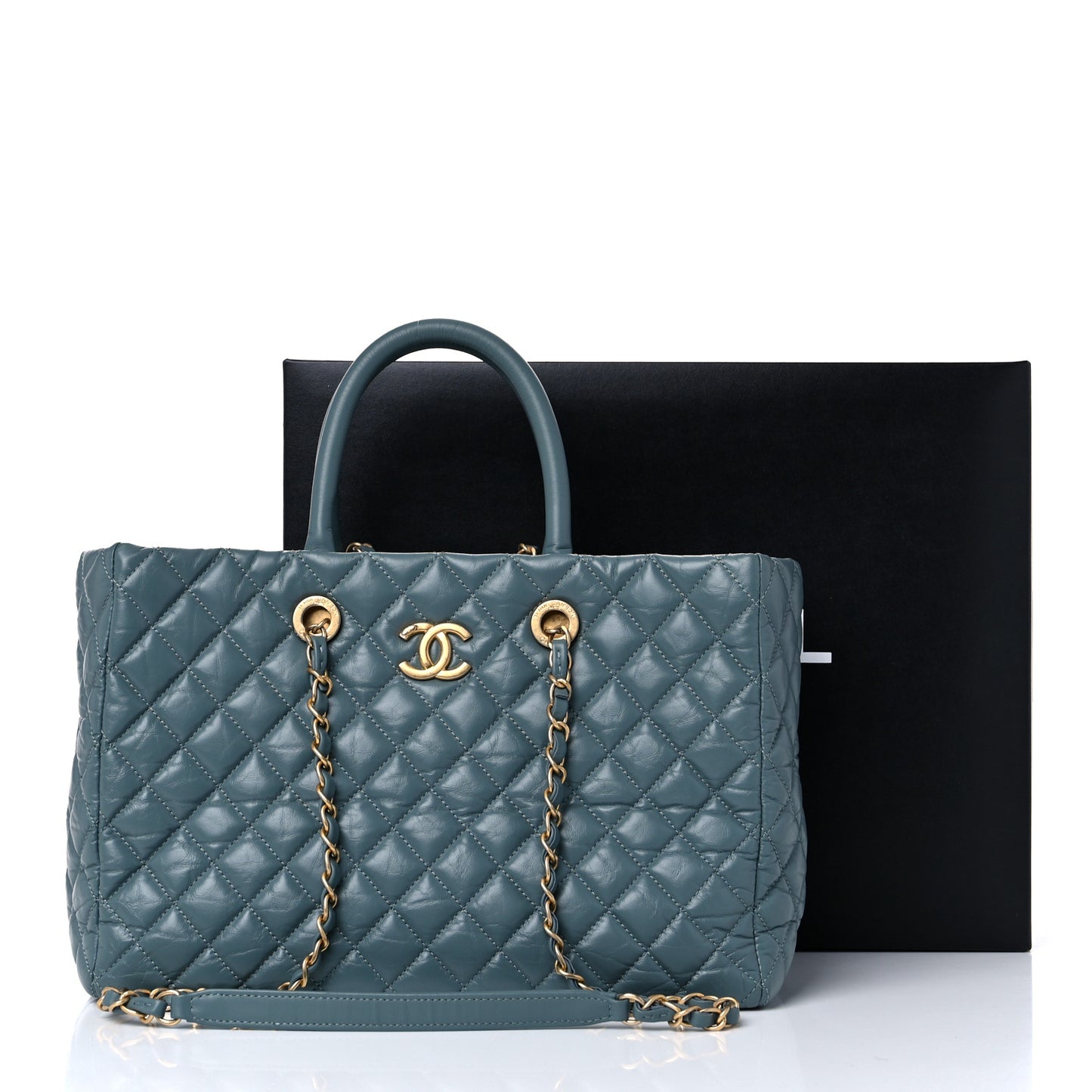 Aged Calfskin Quilted Large Coco Handle Shopping Tote Blue