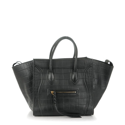 Celine Crocodile Embossed Calfskin Medium Phantom Luggage Black 1 of 8