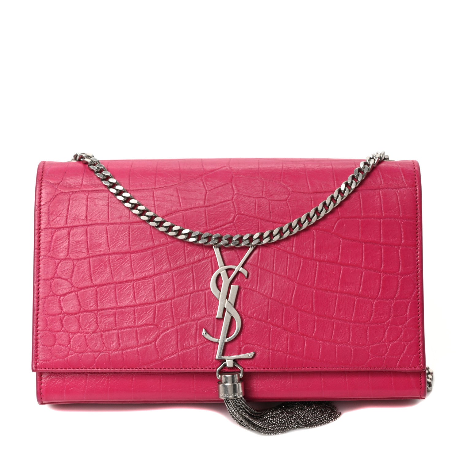 Saint Laurent Calfskin Crocodile Embossed Medium Classic Monogram Kate Tassel Satchel Fuchsia 1 of 9