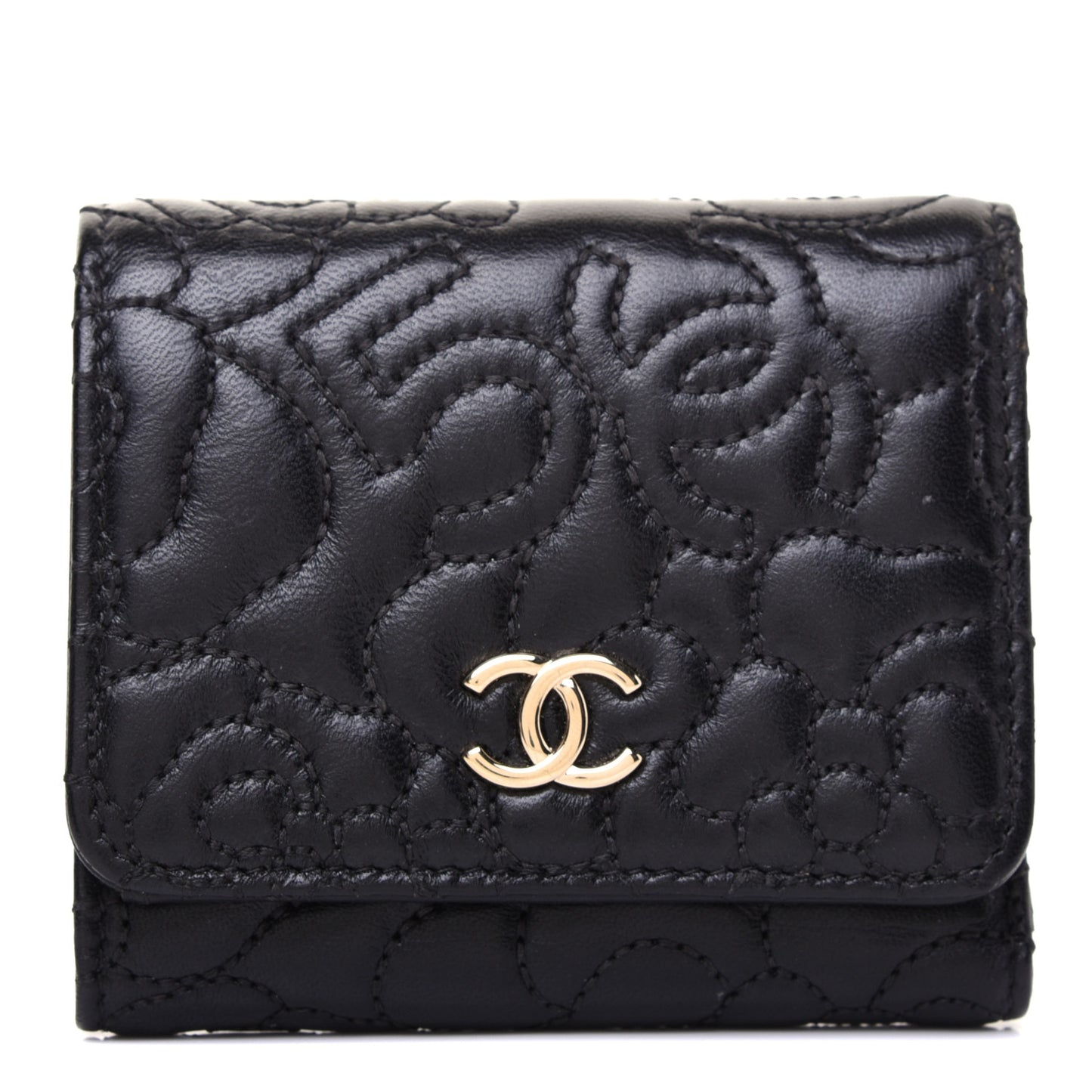 Lambskin Camellia Embossed Small Wallet Black