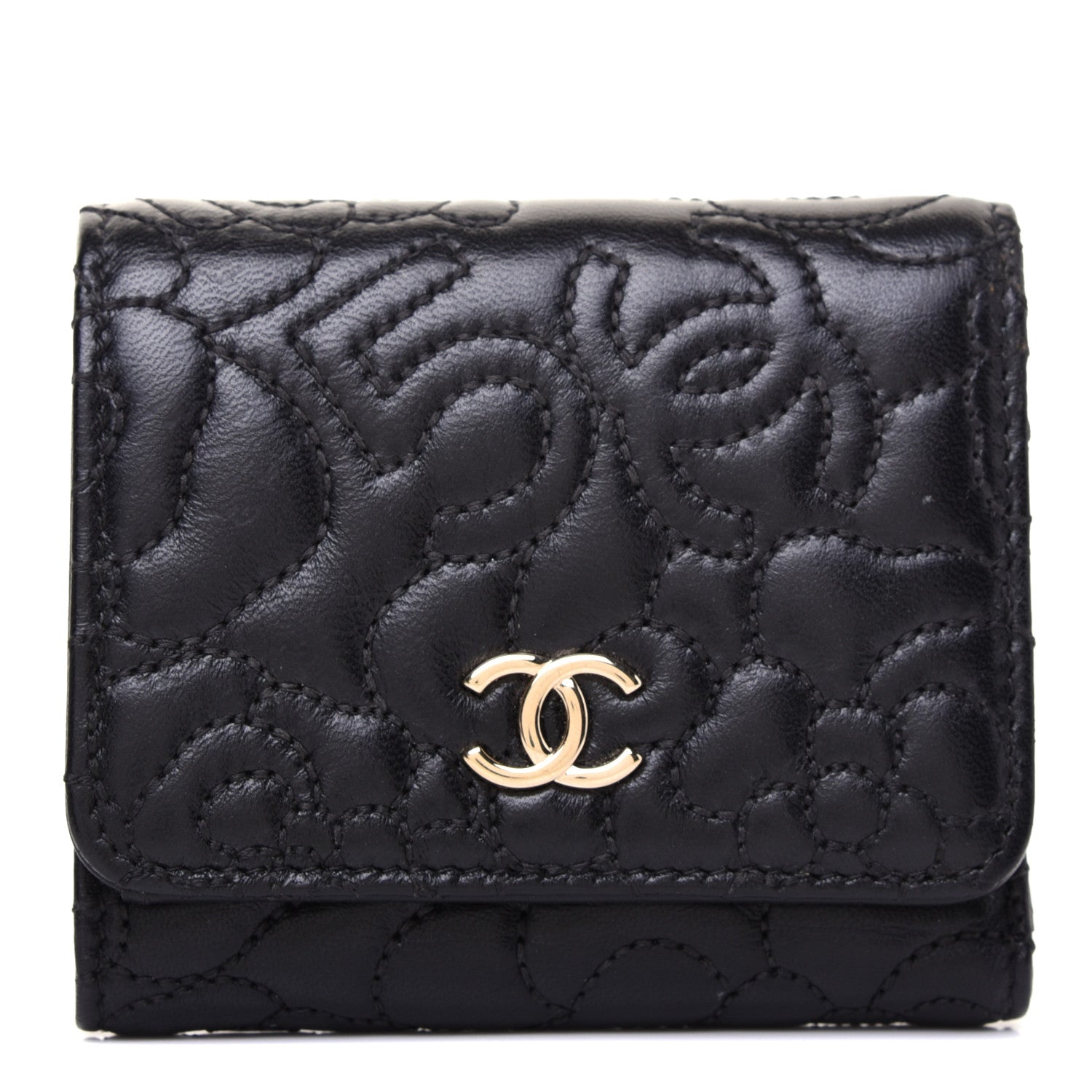 Chanel Lambskin Camellia Embossed Small Wallet Black 1 of 9