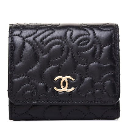 Chanel Lambskin Camellia Embossed Small Wallet Black 1 of 9