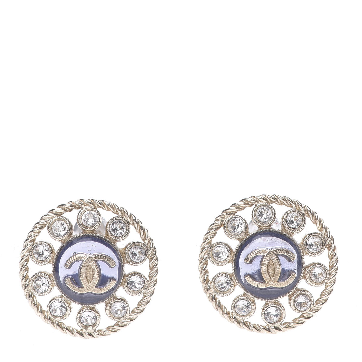 Chanel Crystal CC Round Earrings Blue Light Gold 1 of 5
