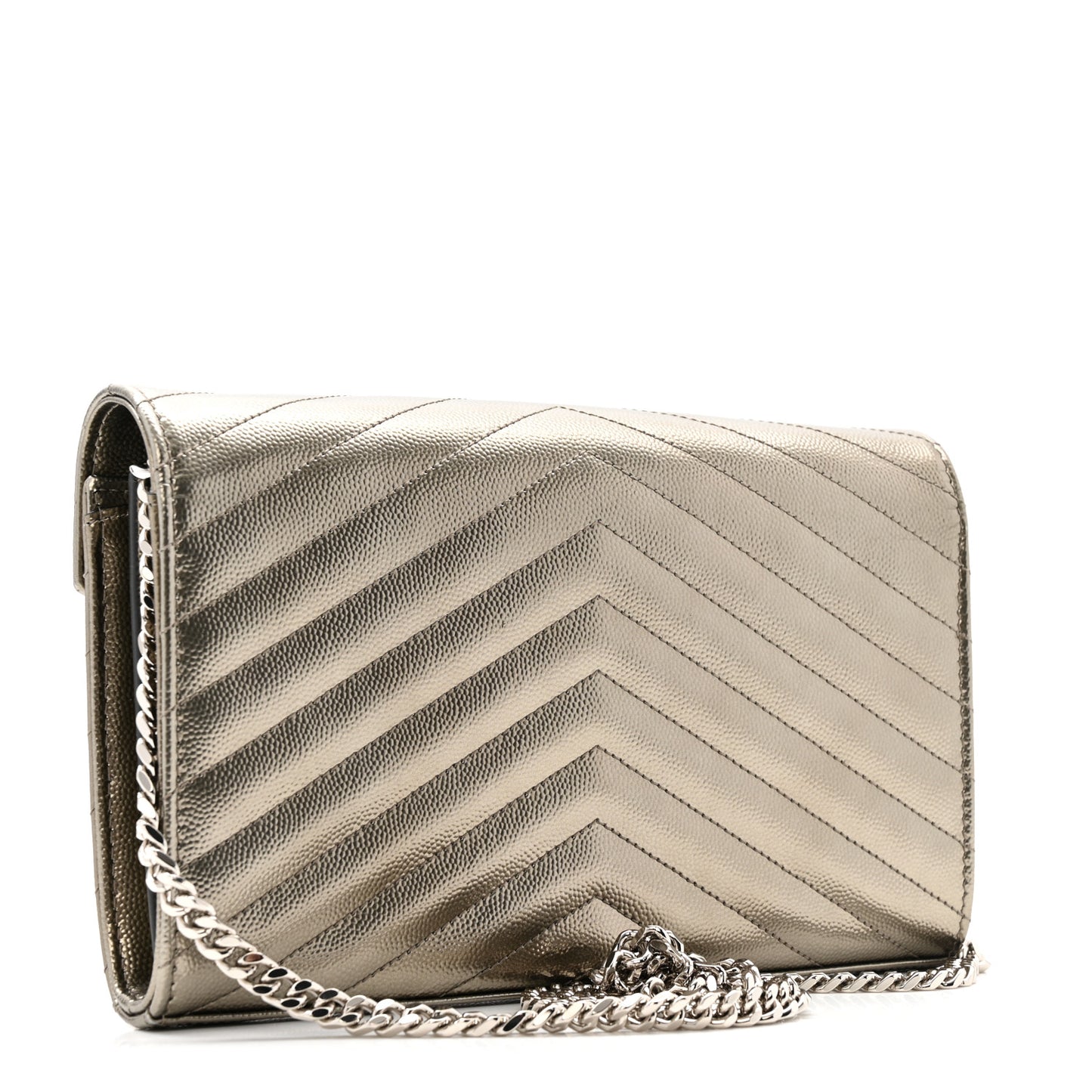 Metallic Grain De Poudre Matelasse Chevron Monogram Chain Wallet Piombo