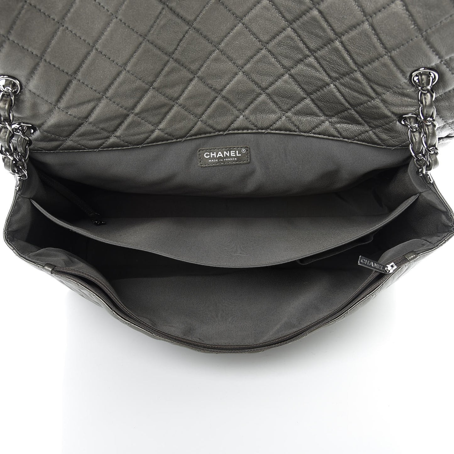 Metallic Calfskin Quilted XXL Travel Flap Bag Dark Silver