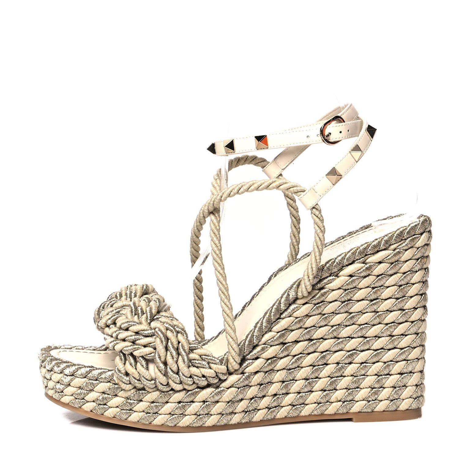 Valentino Garavani Braided Cotton Calfskin Rockstud Torchon Espadrille Wedge Sandals 40 Light Ivory 1 of 7