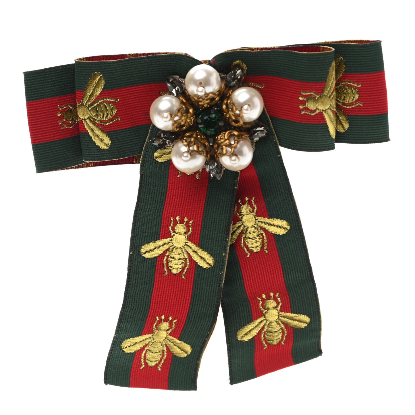 Ribbon Web Bow Bee Pearl Brooch Red Green