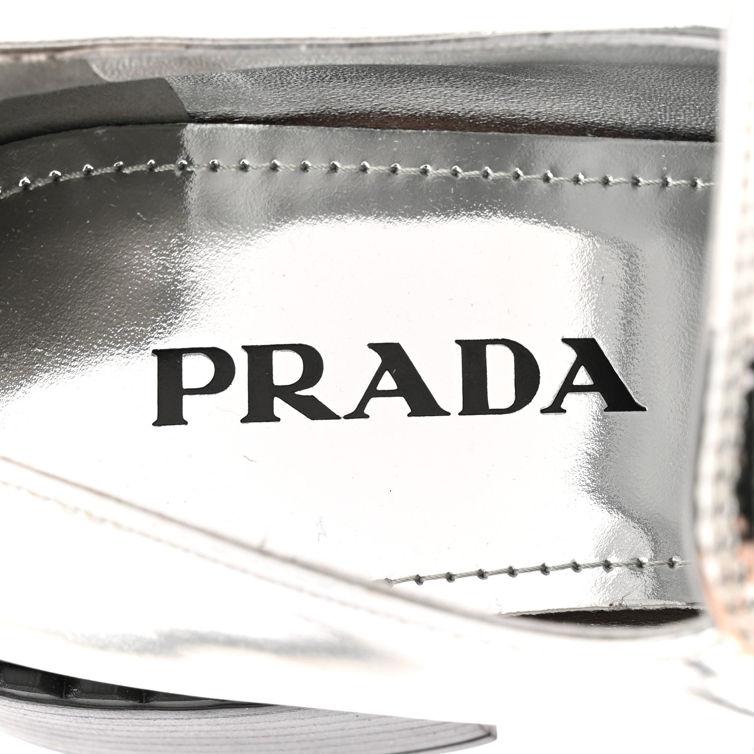 Prada Metallic Brushed Calfskin Metal Triangle Logo 50mm Loafers 39 Argento 7 of 11