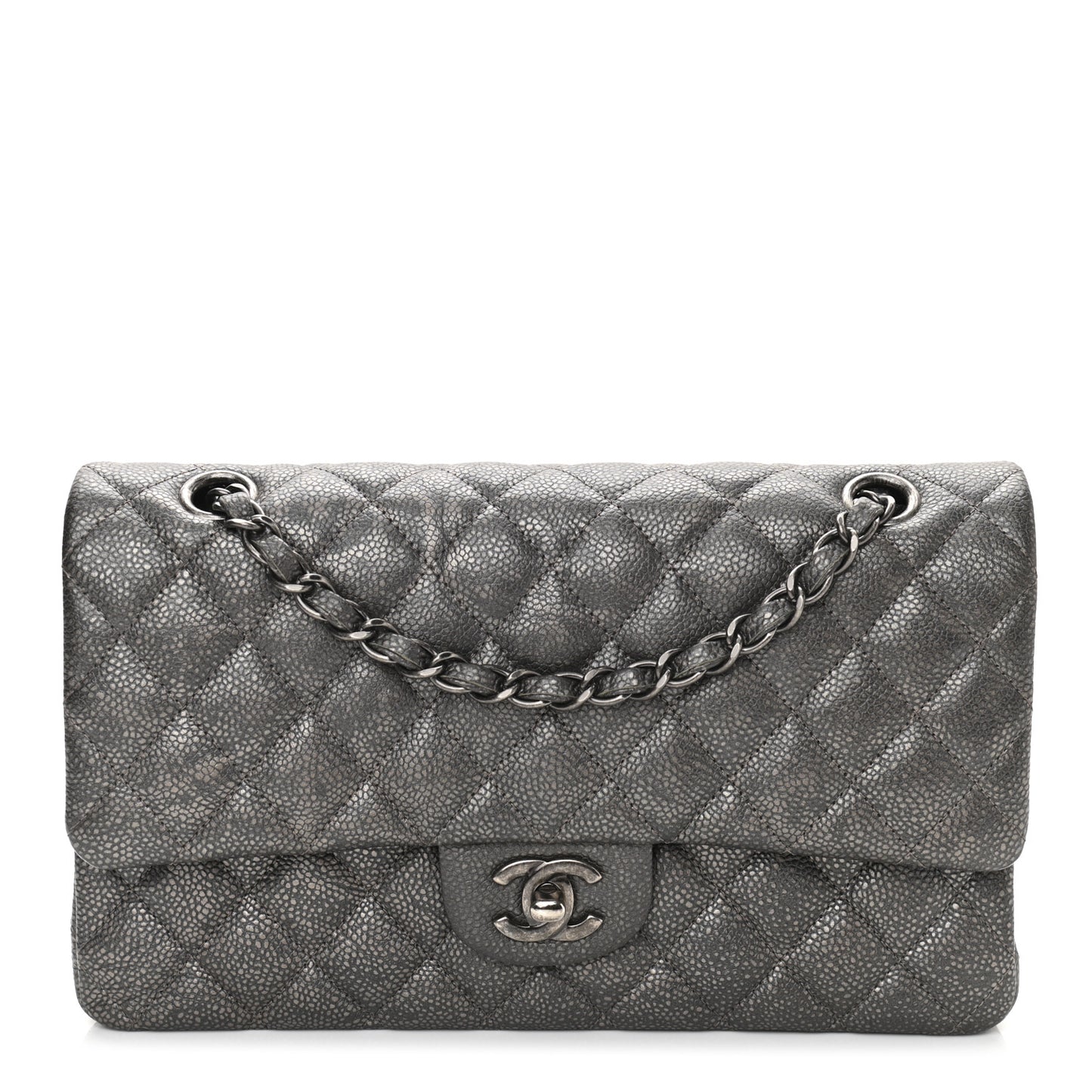 Metallic Caviar Quilted Medium Double Flap Dark Grey