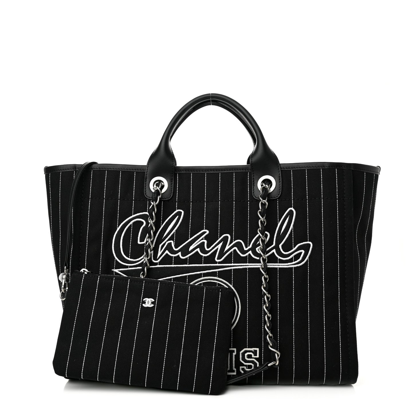 Canvas Calfskin Striped Medium Deauville Tote Black White