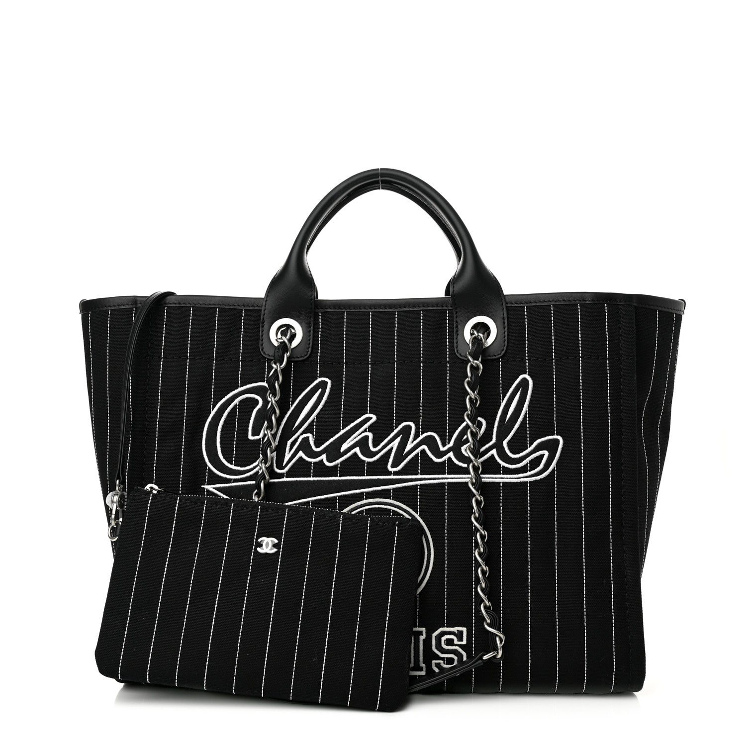 Chanel Canvas Calfskin Striped Medium Deauville Tote Black White 3 of 11