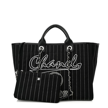 Chanel Canvas Calfskin Striped Medium Deauville Tote Black White 3 of 11