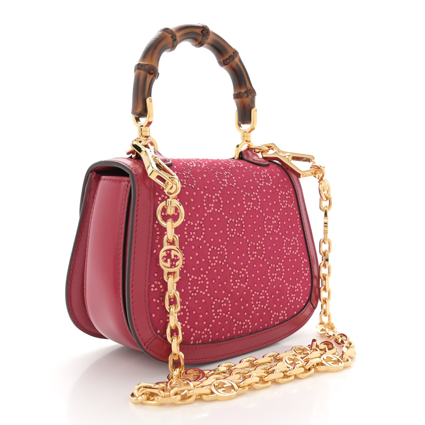 Moire Fabric Calfskin Rhinestone Monogram Monochrome Mini Bamboo 1947 Top Handle Chain Bag Dark Cherry Red