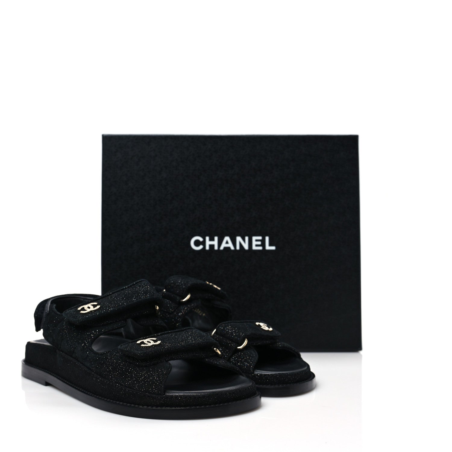 Chanel Suede Calfskin Glitter Crystal Velcro Dad Sandals 38 Black 9 of 9