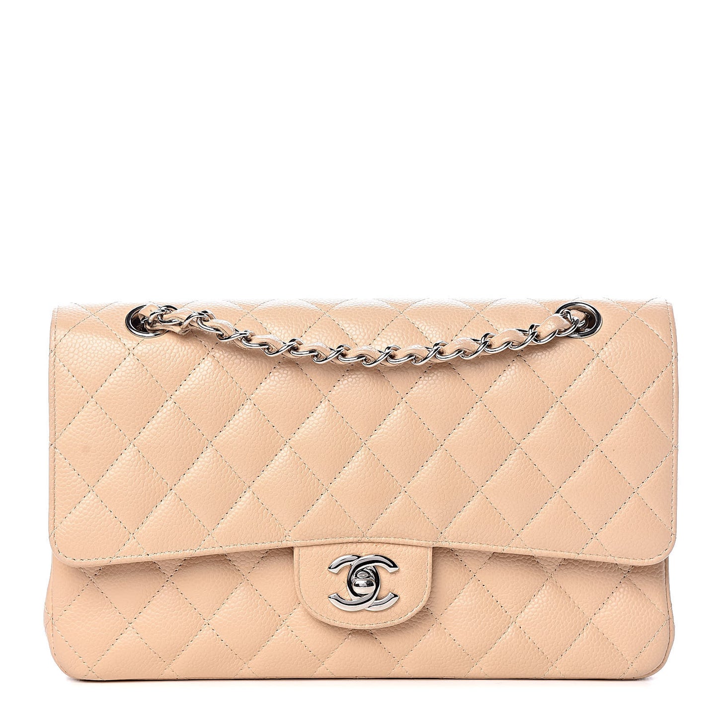 Caviar Quilted Medium Double Flap Beige