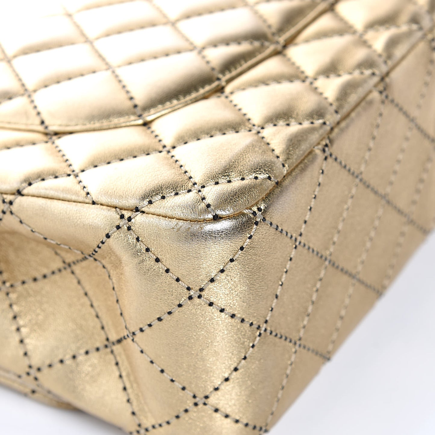 Metallic Washed Lambskin Quilted Jumbo Double Flap Dark Gold Black