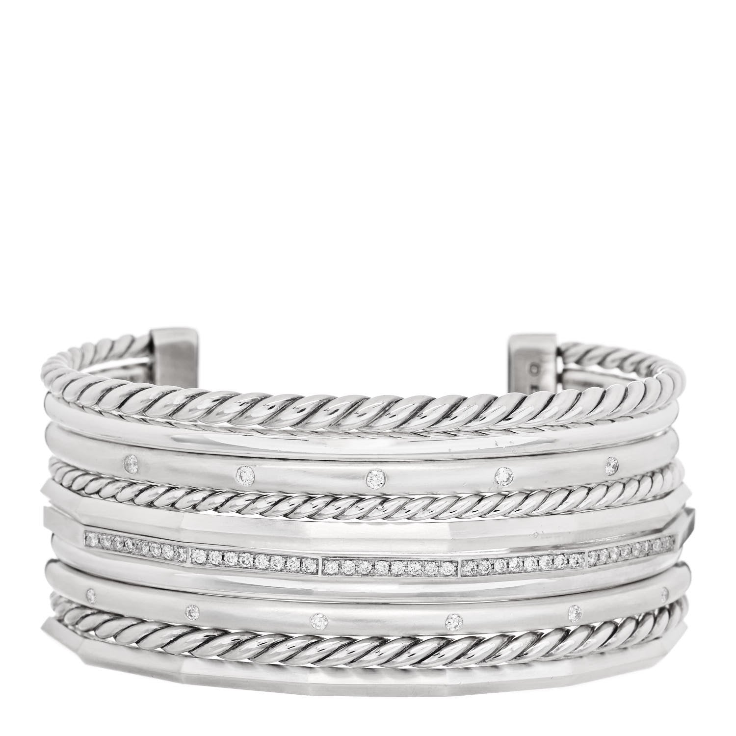 David Yurman Sterling Silver Diamond Wide Stax Cuff Bracelet 1 of 3
