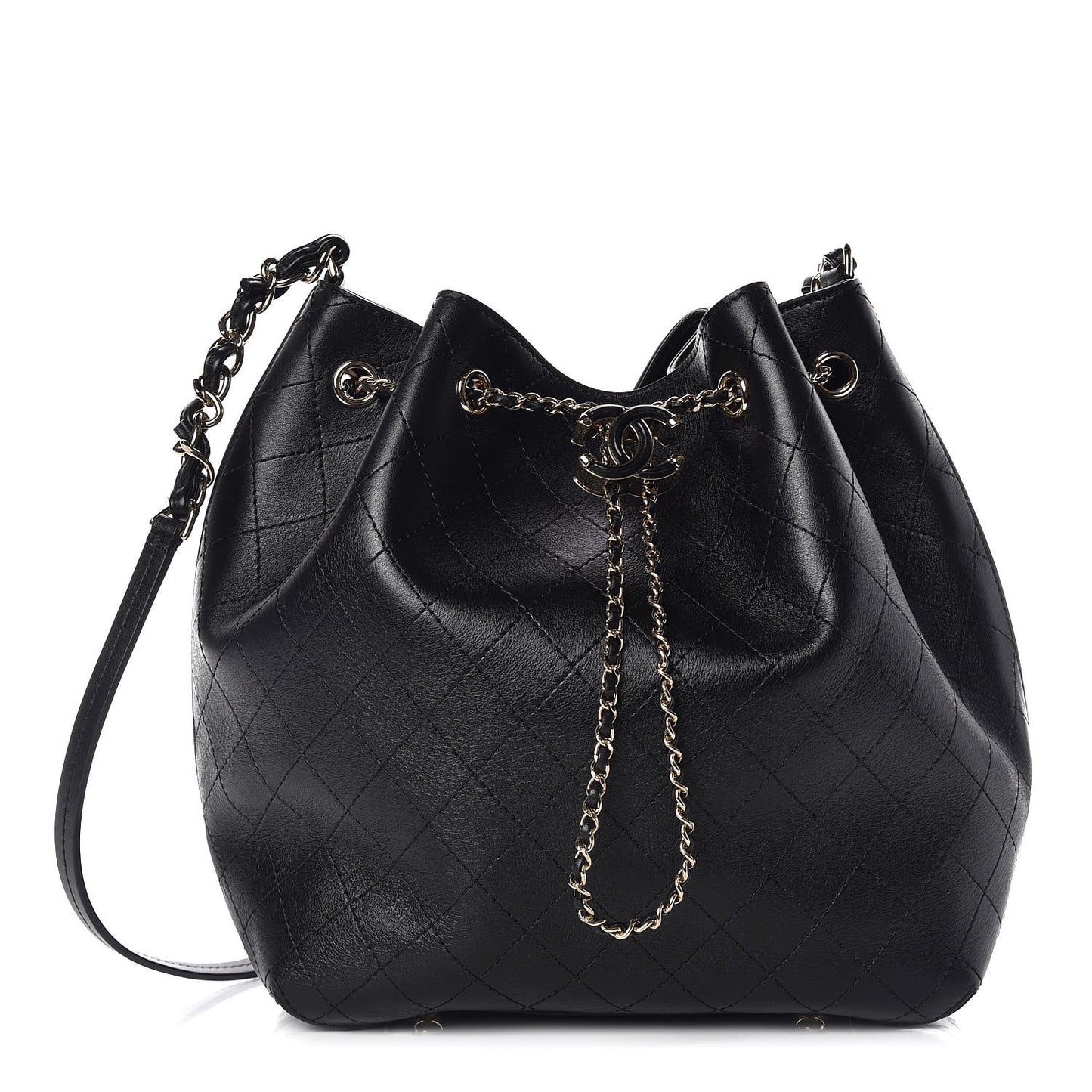 Calfskin Stitched Drawstring Bag Black