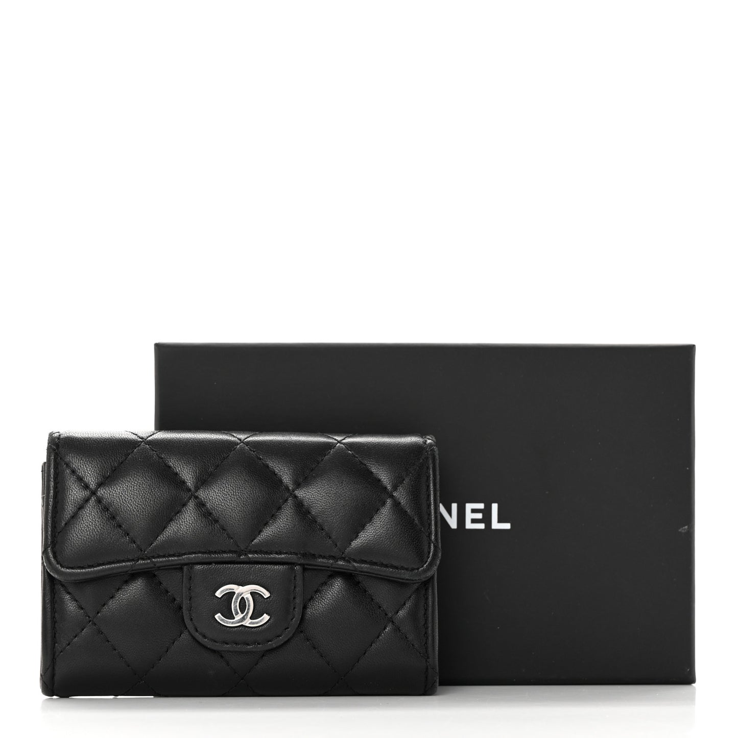 Lambskin Quilted Flap Card Holder Wallet Black
