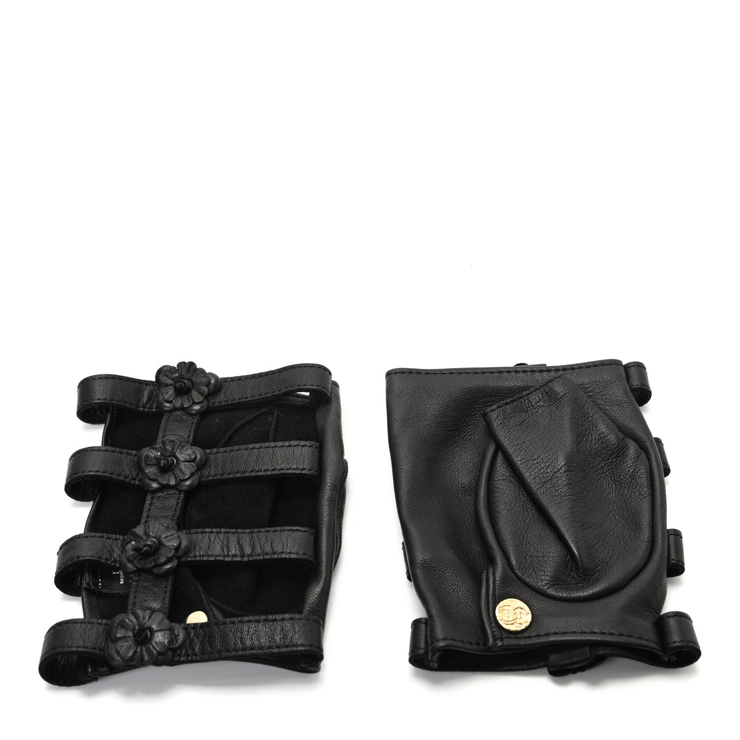 Chanel Lambskin Camellia Fingerless Gloves 7.5 Black 2 of 6