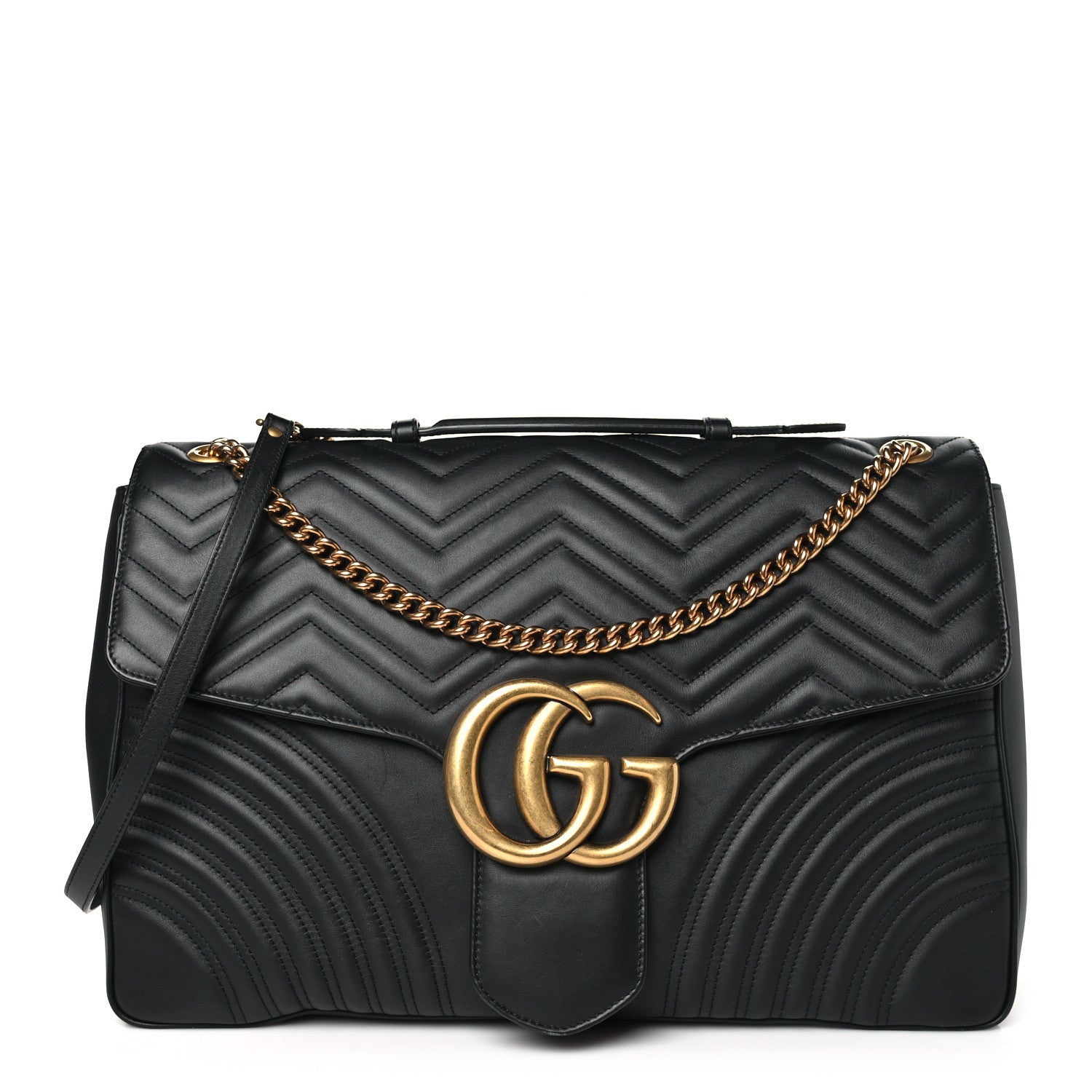 Gucci Calfskin Matelasse Maxi GG Marmont Top Handle Shoulder Bag Black 1 of 11