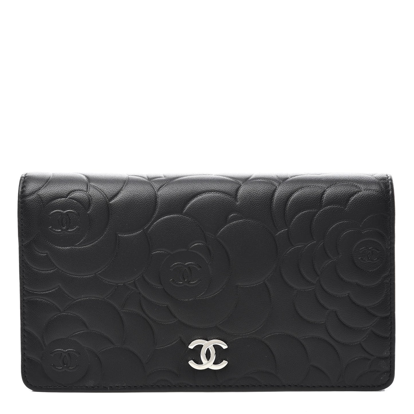 Lambskin Camellia Embossed Yen Wallet Black