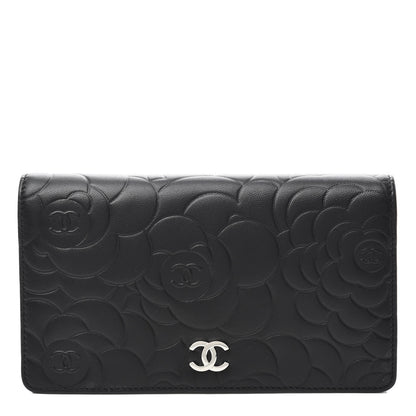 Chanel Lambskin Camellia Embossed Yen Wallet Black 1 of 9