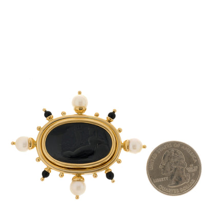 Elizabeth Locke 18K Yellow Gold Pearl Black Onyx Venetian Glass Intaglio Brooch Pin 2 of 4